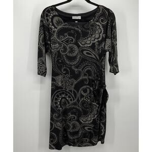 Metallic Gold Black Paisley Knit Dress PM Scoop Neck 3/4 Sleeve Boho Casual Chic